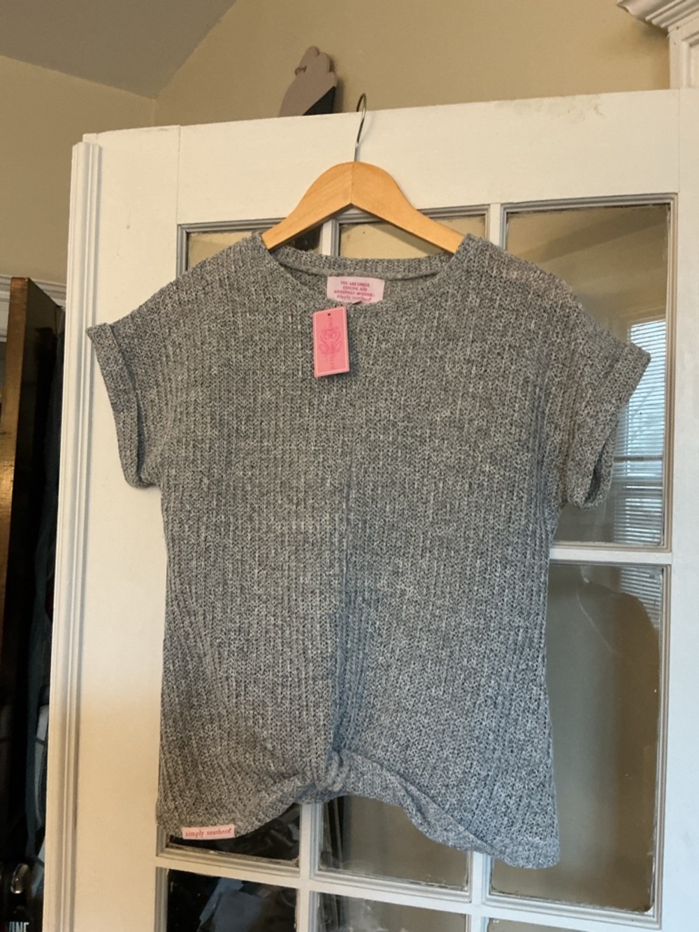 Simply Southern Heather Gray Ribbed Short Sleeve sweater with Front Knot